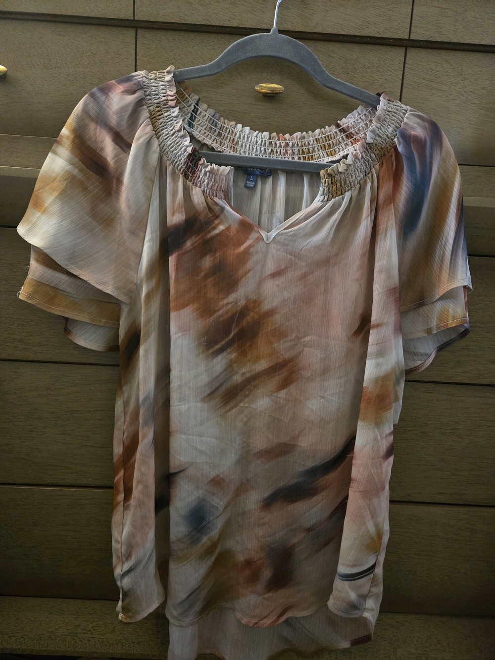 Democracy Watercolor Smocked-Neck Flutter Sleeve Top - Blush Multi